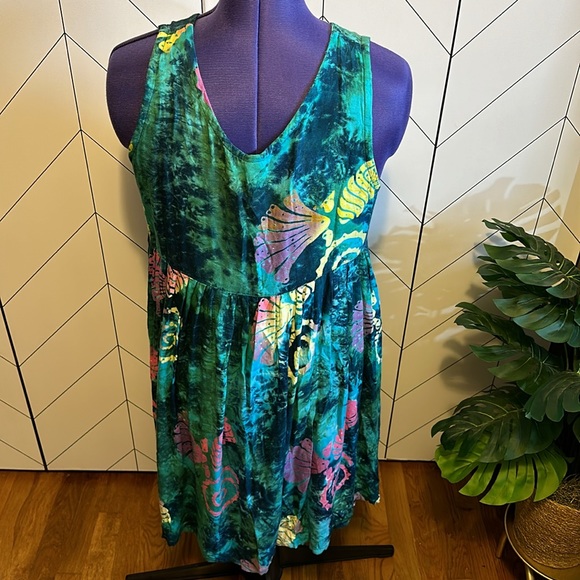 Vintage Inspired 90s Print Tie-Dye Green Pink Seashell Mini Dress Size Large - Picture 3 of 9